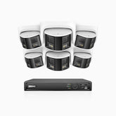FDH600 - 6MP 8 Kanal PoE Panorama Überwachungskamera-Set mit 6 Kameras, zwei Objektiven, 180° Ultraweitwinkel, f/1.2 Superblende, BSI-Sensor, integriertes Mikrofon, aktive Sirene und Alarm, Personen-und Fahrzeugerkennung